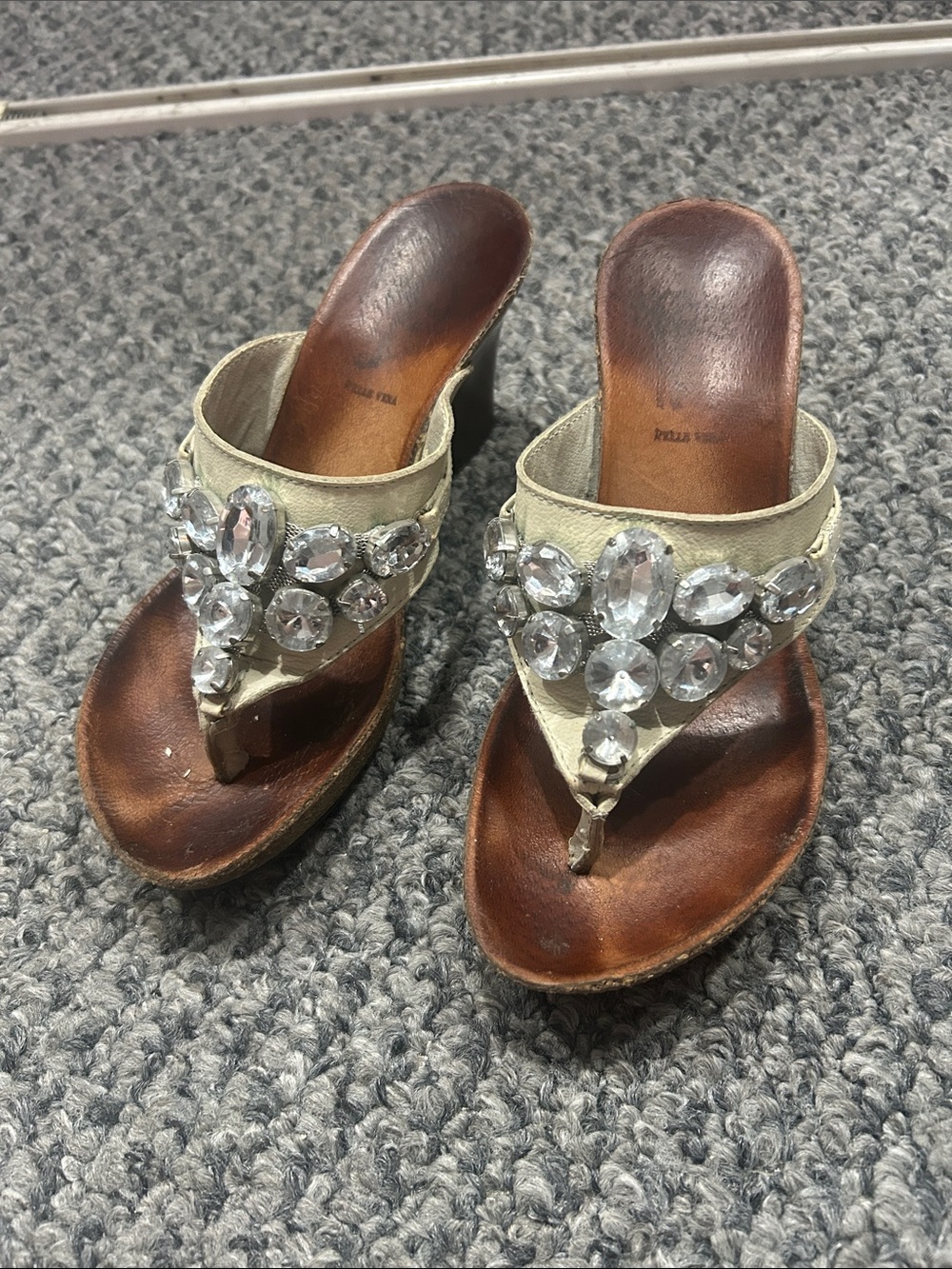 Italian Crystal-Embellished Beige Leather Wedge Thong Mules